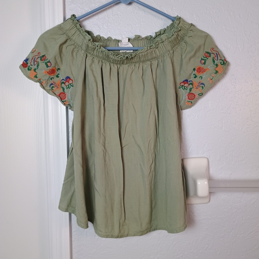 Isa & Ella Off The Shoulder Floral Embroidered Top‎ Women's Size Large Green